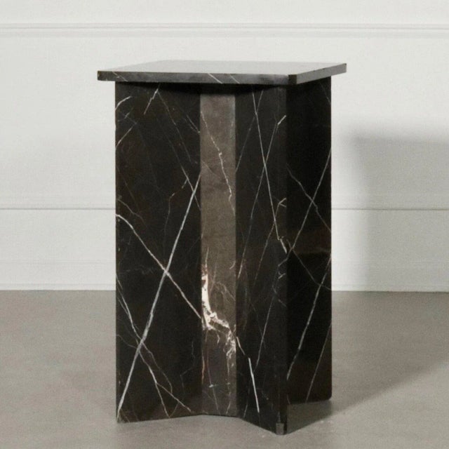 Nero Marquina marble side table with minimalist X form. Gorgeous black marble with white veining. Vintage condition with a...
