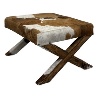 Vintage Cowhide Ottoman With Nailhead Trim For Sale
