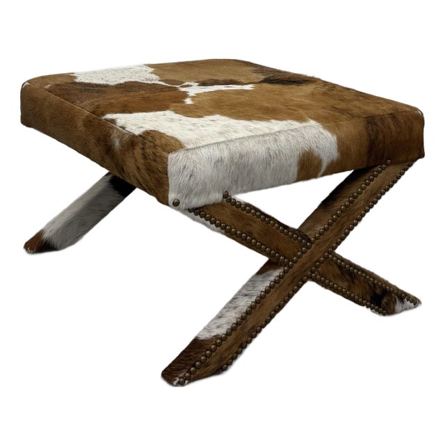 Vintage Cowhide Ottoman With Nailhead Trim For Sale