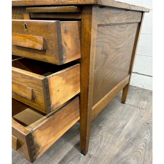 Vintage Arts & Crafts Mission Oak Pedestal Teacher Desk Office Desk Library Desk For Sale - Image 9 of 14