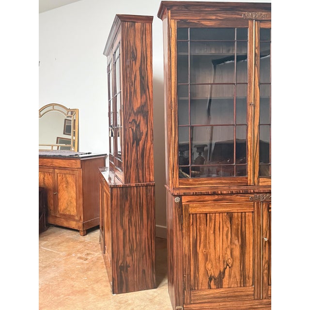 English Two-Tiered Glass Front Bookcases of Figured Wood - Two Available For Sale - Image 15 of 17