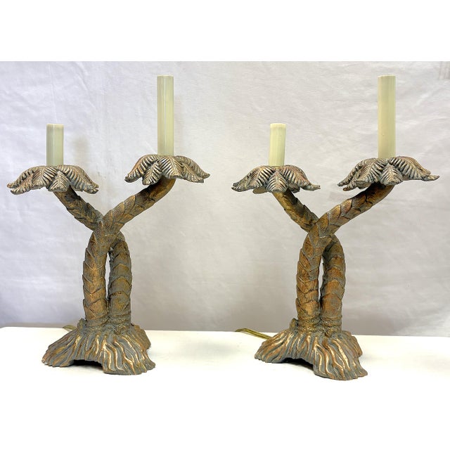Vintage Coastal Double Crossed Palm Tree Table Lamps- A Pair For Sale In West Palm - Image 6 of 18