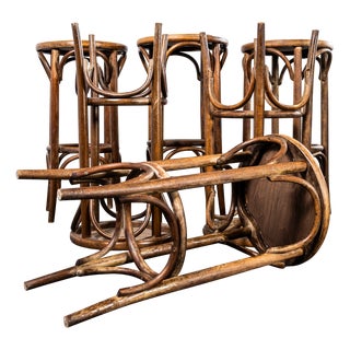 Large French Flat Seat Bentwood Bar Stool, 1950s, Set of 6 For Sale