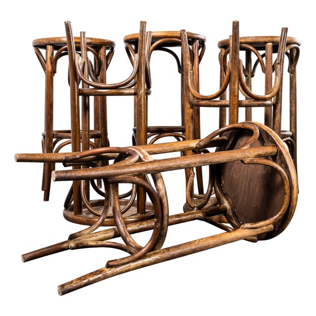 Large French Flat Seat Bentwood Bar Stool, 1950s, Set of 6 For Sale