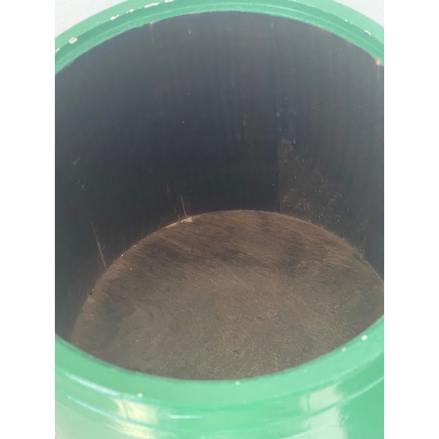 Antique American folk art wood bucket painted bright green with cow collage.