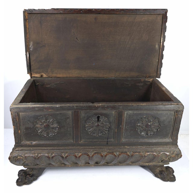 This early Italian cassetta or cassone is made of walnut, it is intricately carved and has a lovely patina. There are...