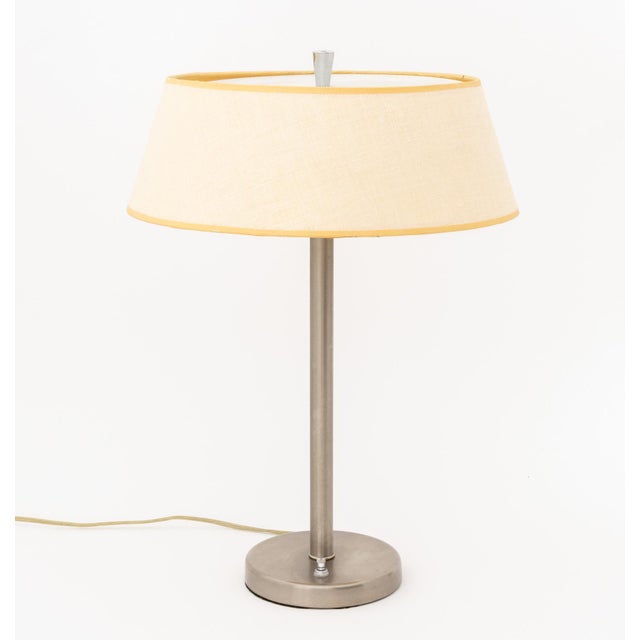Pair of Nessen Mid-Century Modern Table Lamps, each with satin chrome base and original linen shade, with "Nessen...