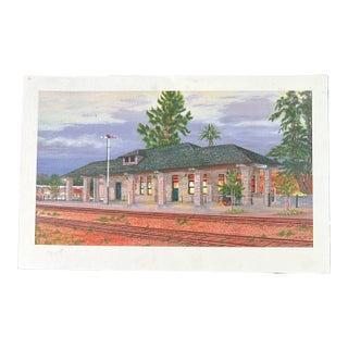 1998 Santa Rosa Train Station Watercolor on Board Paper Painting Signed Cityscape For Sale