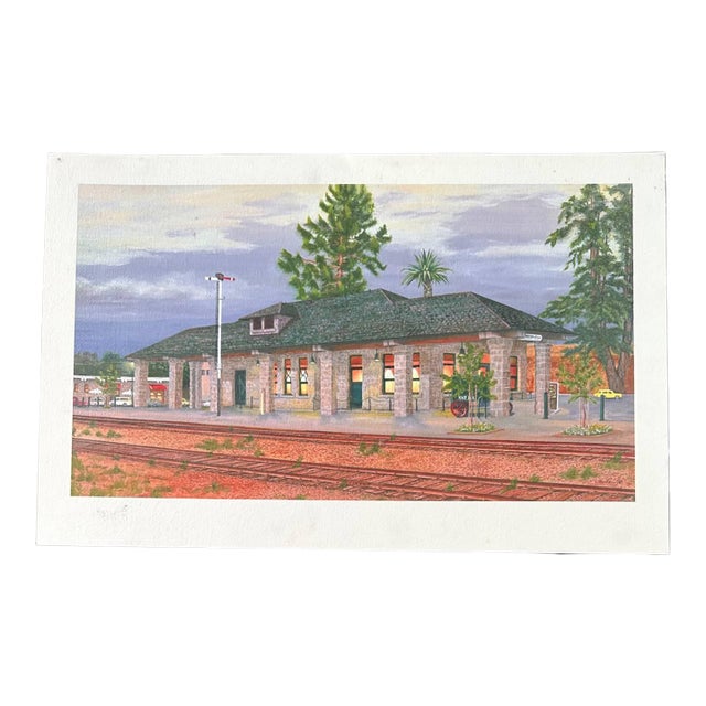 1998 Santa Rosa Train Station Watercolor on Board Paper Painting Signed Cityscape For Sale