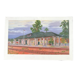 1998 Santa Rosa Train Station Watercolor on Board Paper Painting Signed Cityscape
