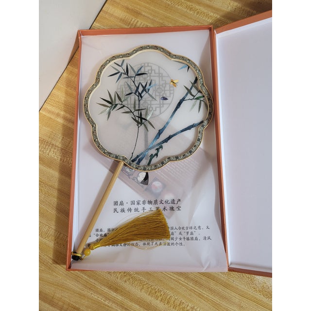 Early 20th Century Asian Embroidery on Silk Boxed Fan For Sale - Image 5 of 14