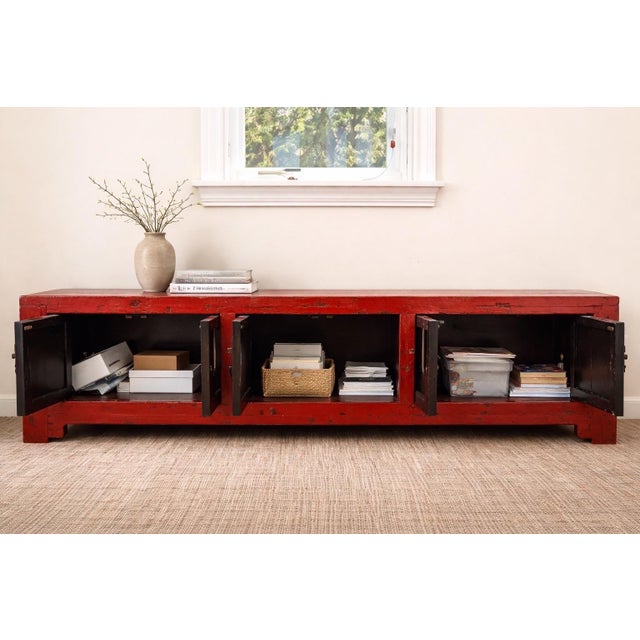 Antique Chinese Low Red Elmwood Cabinet For Sale - Image 11 of 12
