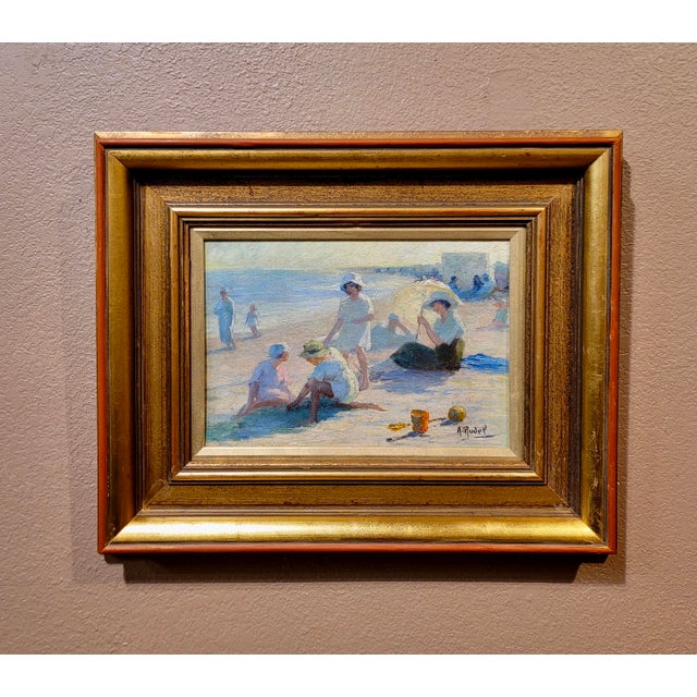 Jean Aristide Rudel- Mothers & Young Daughters at the Beach with Parasol -1920s Oil painting French Impressionist - Oil...