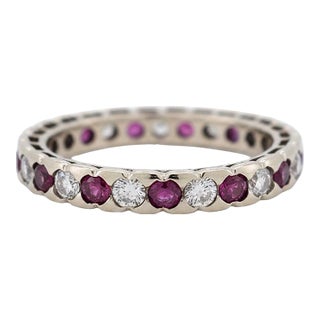 Vintage Ruby & Diamond Eternity Ring 18k Gold - 1990s, Size 6 For Sale