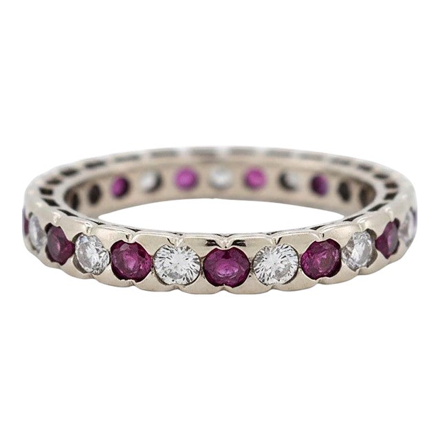 Vintage Ruby & Diamond Eternity Ring 18k Gold - 1990s, Size 6 For Sale
