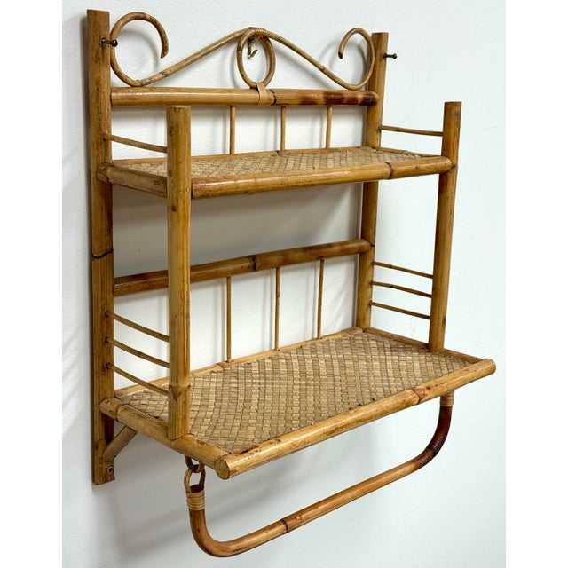 Wood Vintage Bamboo and Wicker Wall Shelf With Towel Rack For Sale - Image 7 of 9
