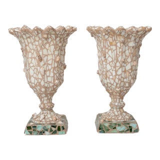 Pair of Large Mosaic Shell and Glass Urns For Sale