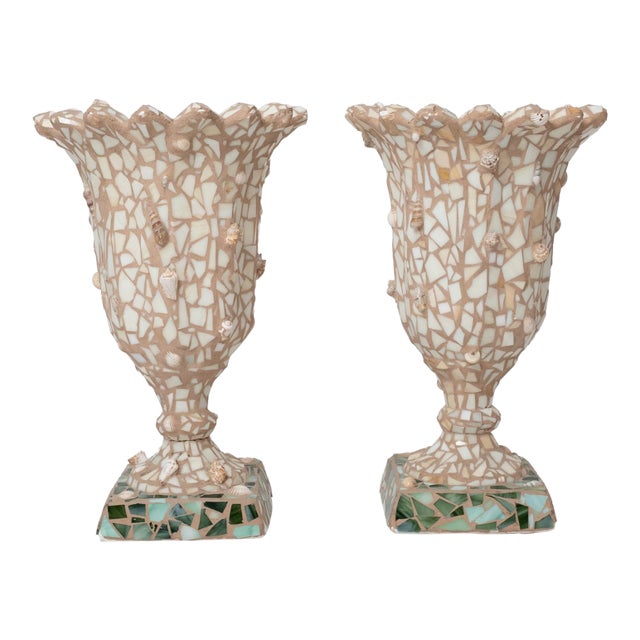 Pair of Large Mosaic Shell and Glass Urns For Sale