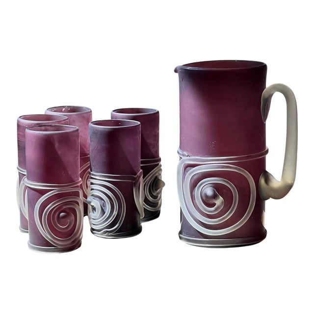 Late 20th Century Hand-Blown Purple Art Glass Pitcher And Glasses, 6 Pieces For Sale