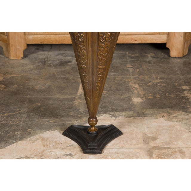 English 1920-1930 Brass Umbrella Stand with Raised Motifs and Tripartite Base For Sale - Image 9 of 11