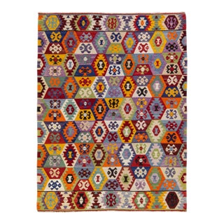 Vintage Turkish Kilim Flatweave Multicolor Geometric Designed Wool Rug For Sale