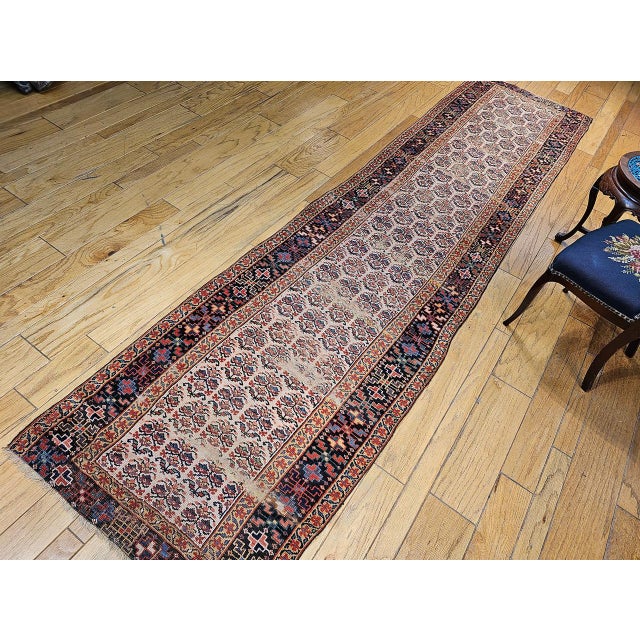 19th Century 19th Century Persian Bidjar Runner, Hand-Knotted Wool, Allover Paisley Pattern, Ivory & Navy, 3x13 For Sale - Image 5 of 14