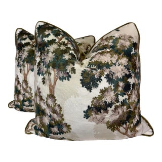 Lee Jofa "Sherwood Embroidery" in Spruce 22" Pillows-a Pair For Sale