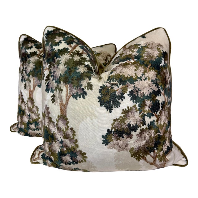 Lee Jofa "Sherwood Embroidery" in Spruce 22" Pillows-a Pair For Sale