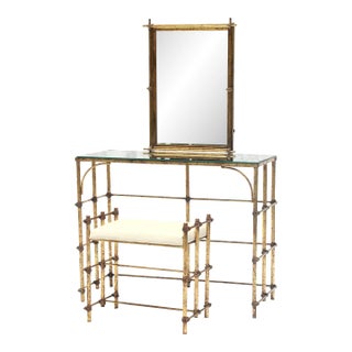 1940s Gold Hollywood Regency Vanity and Matching Stool - Set of 2 For Sale