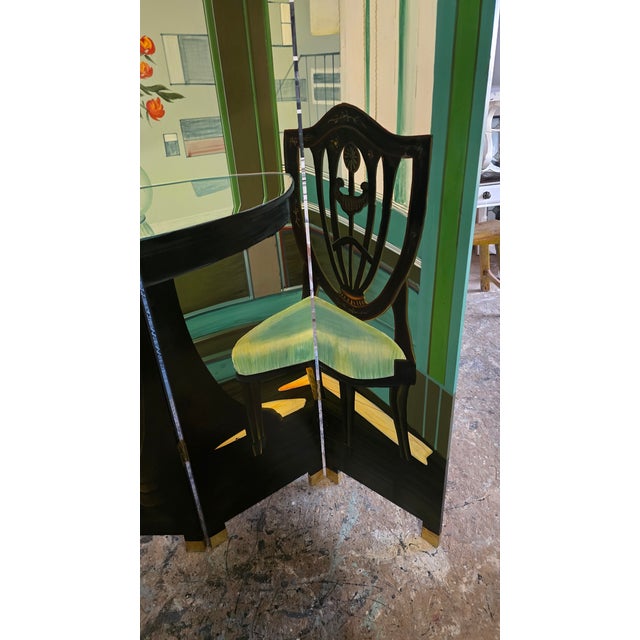 Green Vintage 4 Panel Room Divider / Screen, One Side Chinoiserie & Sitting Room With a View For Sale - Image 8 of 9