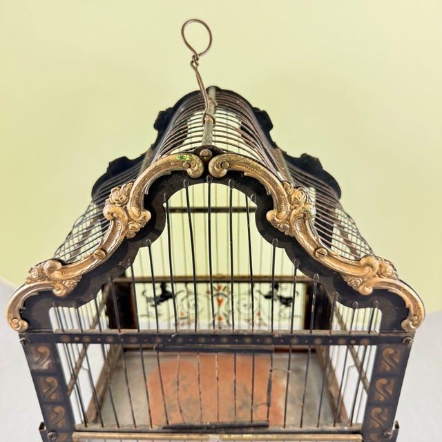 Metal Art Nouveau Black Japanned Metal Bird Cage, Hand-Painted, Circa 1900-1920 For Sale - Image 7 of 16