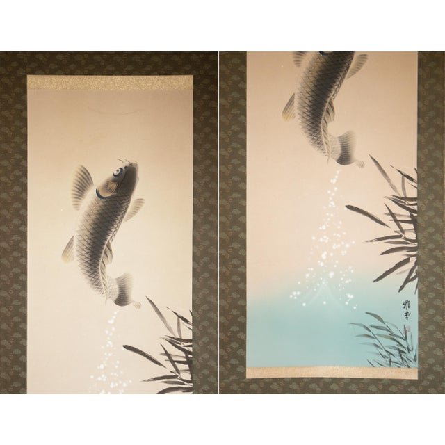 Japanese "Carp Leaping" by Masayuki, Showa Era Japanese Printed Silk Scroll For Sale - Image 3 of 11