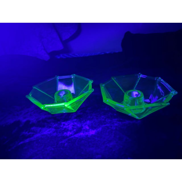 Art Deco Pair of Art Deco Uranium Glass Geometric Candlesticks, Octagonal Form For Sale - Image 3 of 8