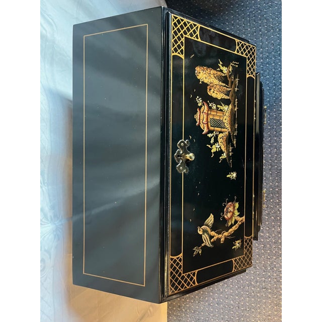 1970's Black Lacquer Hand Painted Asian Chinoiserie Secretary Desk For Sale - Image 9 of 12