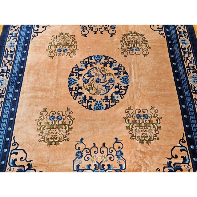 Early 20th Century Art Deco Chinese Rug, Handwoven Wool Pile, Apricot & Navy, Lotus Motif, 8' x 11' For Sale - Image 12 of 18
