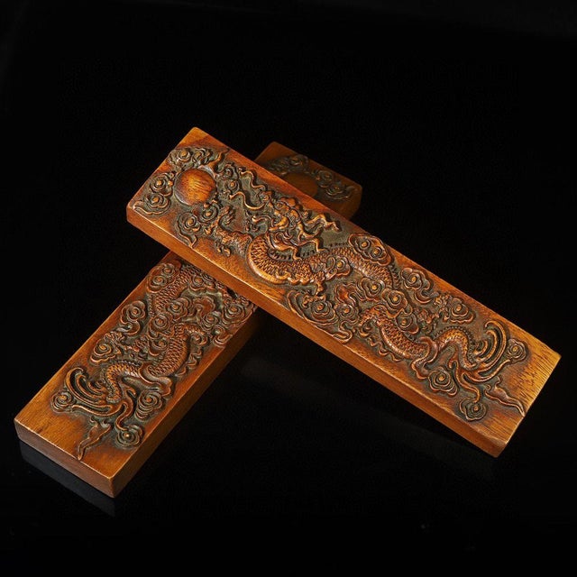 This is a striking pair of vintage Chinese carved wood panels, crafted from what appears to be Huali (Rosewood) or a...