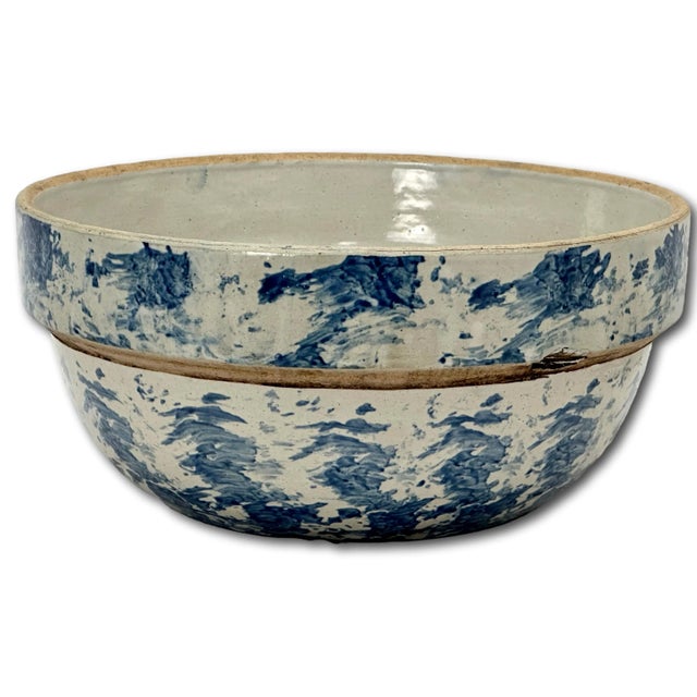 Late 19th Century Unusual & Extensive Blue Spongeware Decorated Antique American Stoneware 11 Inch Kitchen Mixing Bowl For Sale - Image 5 of 12