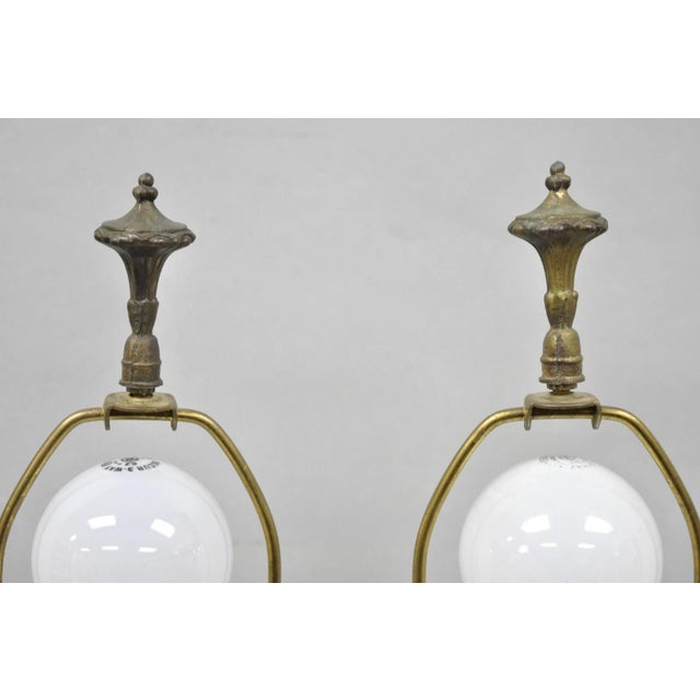 Vintage French Renaissance Brass Cherub Putti Column Cream Glass Table Lamp Pair For Sale In Philadelphia - Image 6 of 13