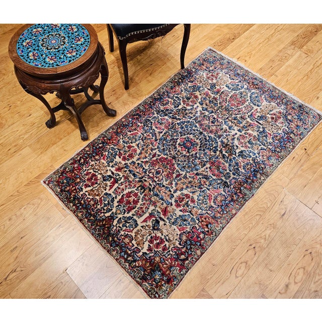 Persian Vintage Persian Kerman Rug, Hand-knotted Wool, Allover Floral Pattern, Ivory & Blue, 3x5 For Sale - Image 3 of 13