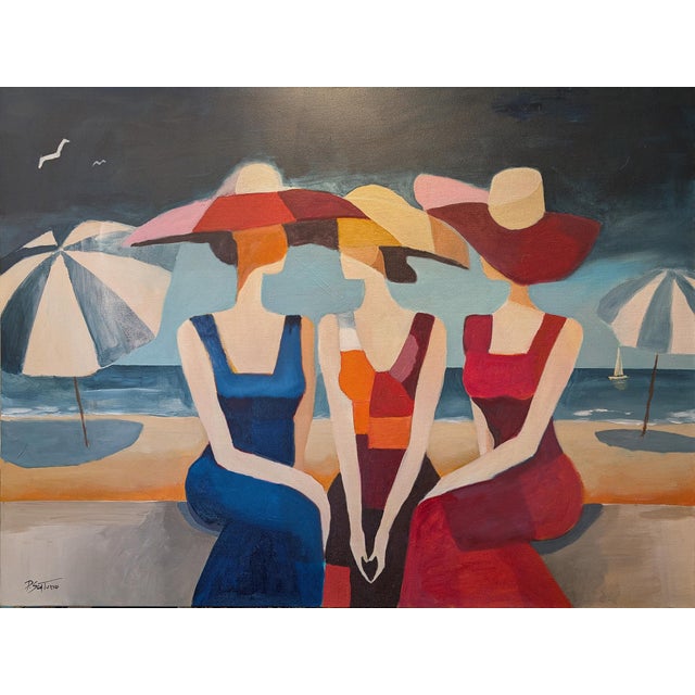 Mother and Daughters - Oil Painting in Art Deco Style For Sale