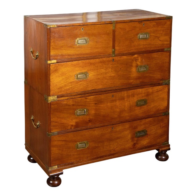 English 1840s Mahogany Campaign Chest with Five Drawers and Brass Hardware For Sale