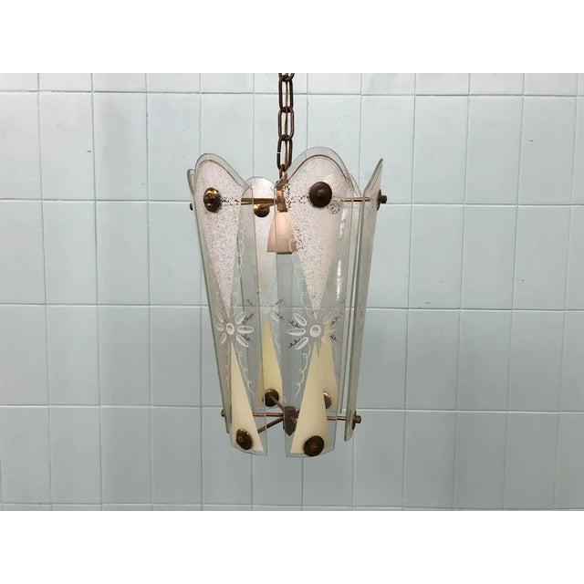Vintage Suspension Chandelier in Brass and with Decorated Glass Lampshades, Italy, 1950s For Sale - Image 11 of 12