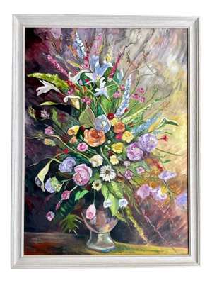 Acrylic on Black Canvas Flowers Painting/Signed