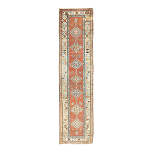 Antique Persian Searpi Runner With Geometric Medallions in Orange, Blue, Ivory 3'2 X 13'10