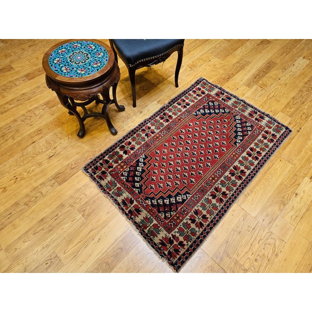 Early 20th Century Vintage Turkish Village Area Rug, Hand-Knotted Wool, Red & Navy, 1950s, 3' x 5' For Sale - Image 5 of 15