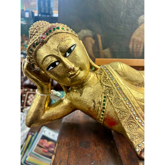 Hand Carved Reclining Buddha Giltwood For Sale - Image 4 of 9