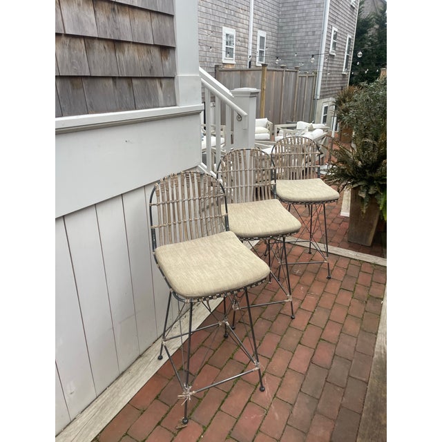 Late 20th Century Set of 3 Sculptural Woven Iron Bar Stools With Hand-Wrapped Seats For Sale In Nantucket - Image 6 of 8