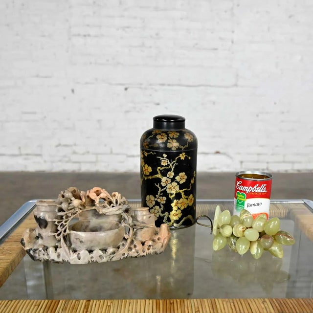 Chinoiserie Vignette Including Soap Stone Carving Tin Tea Canister & Jade Color Stone Grapes For Sale - Image 11 of 12