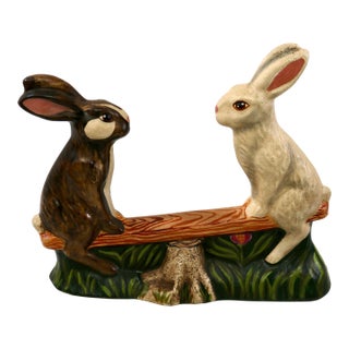 1993 Vintage Vaillancourt Sculptural Folk Art Chalkware Hand Painted Teetor Totter Rabbits Figurine For Sale