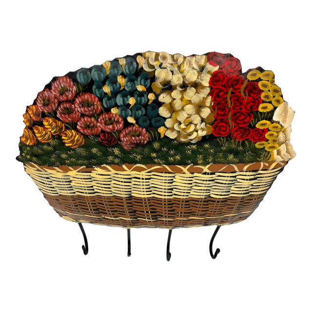 Vintage Hand Painted Toleware Floral Nantucket Basket Wall Hooks For Sale